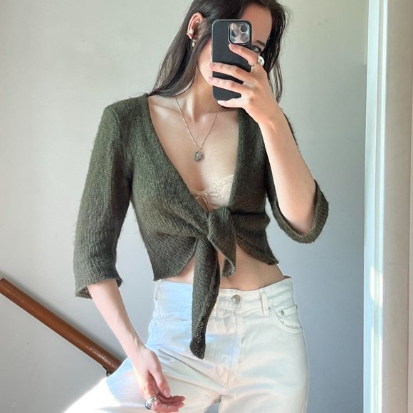 Wooden Ships Mohair Blend Lightweight Balletcore Cardigan Cropped Wrap Shrug Top - Picture 7 of 7